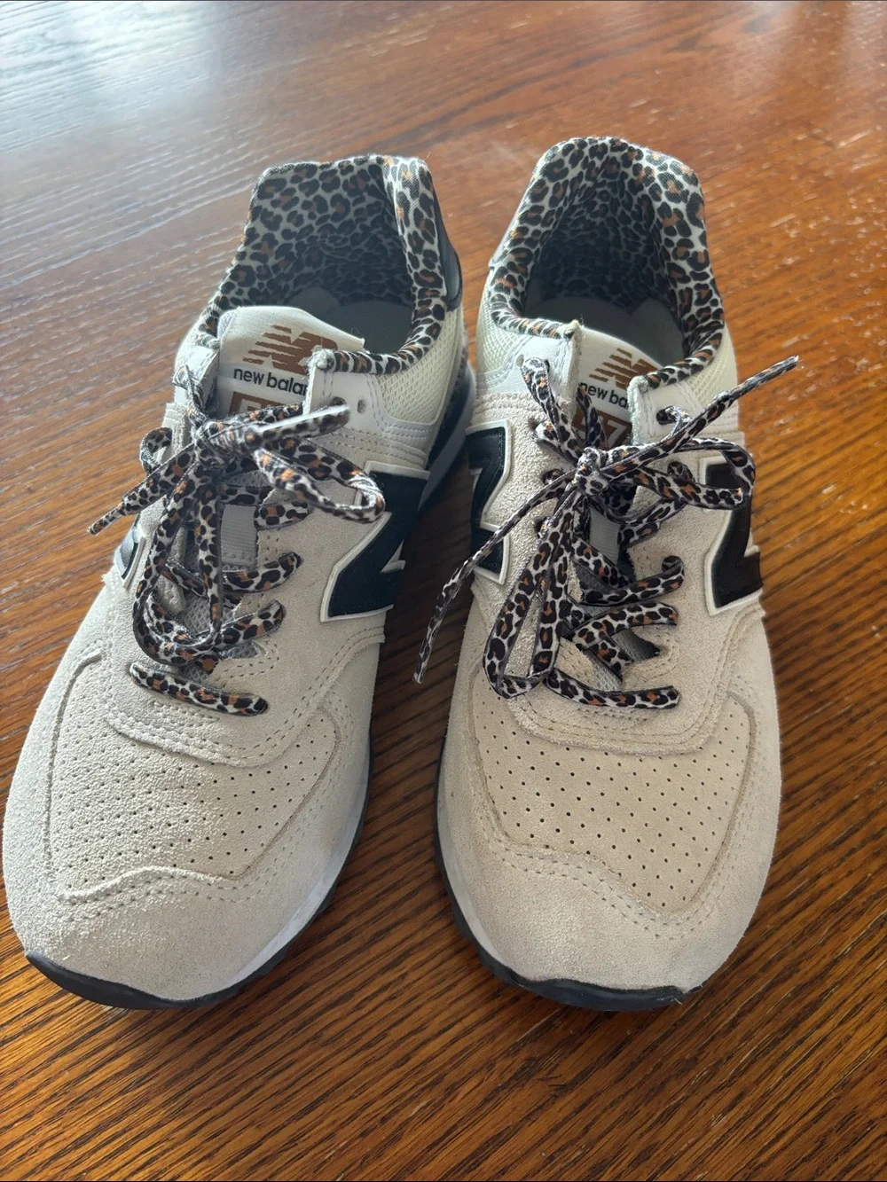 New Balance Beige Suede Sneakers with Leopard Accents - Picture 1 of 4